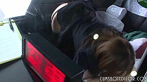 Asian teen gets a deepthroat cumshot in a car from her submissive partner