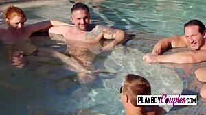 Cuplu amator participă la o petrecere la piscină cu swingeri pentru distracție și jocuri